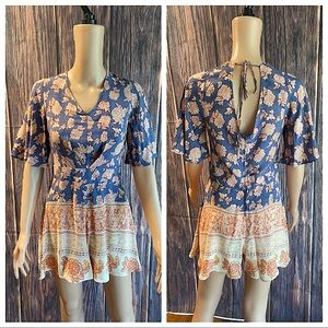 Xhilaration size small blue & orange peach floral boho pattern flowy romper